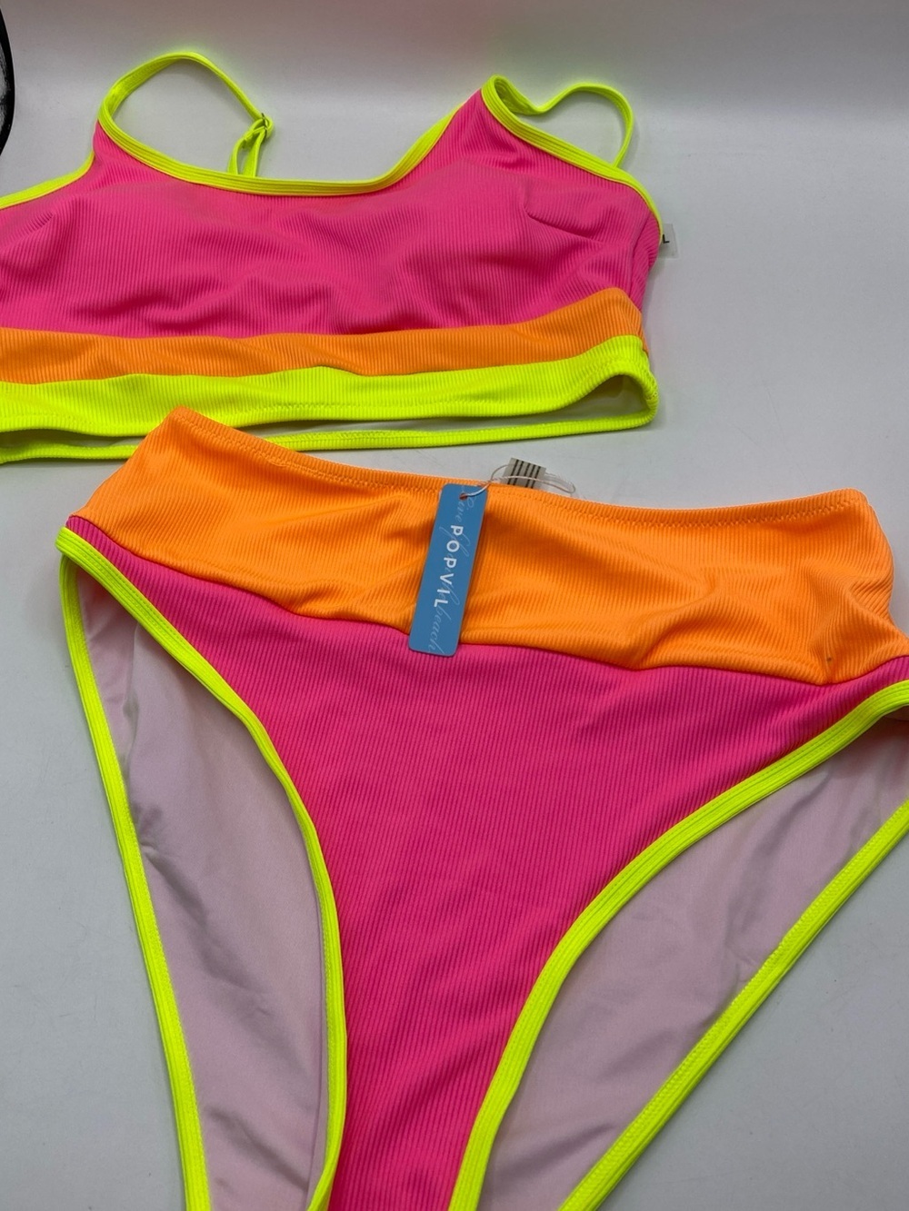 POPVIL  2-Piece Colorblock Ribbed Bikini Set Neon Yellow Pink Orange Large LG